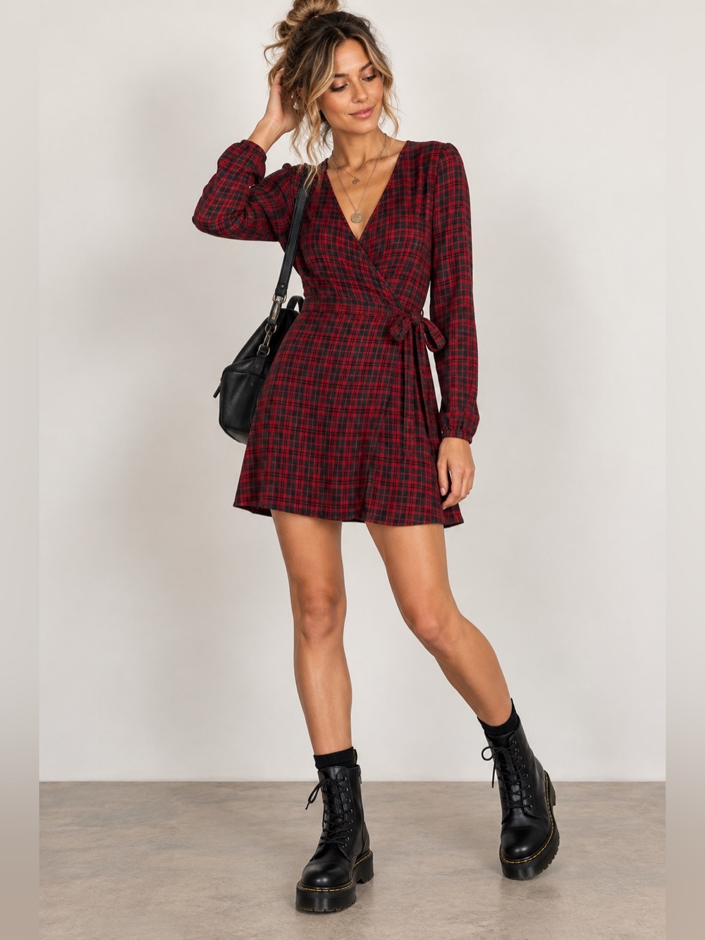 Sanctuary Upbeat Red Black Plaid Faux Wrap Tie Waist Mini Dress Size 6